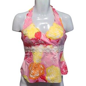 Lilly Pulitzer Halter Blouse Top Women's 10 Colorful Fitted Lace Adjustable